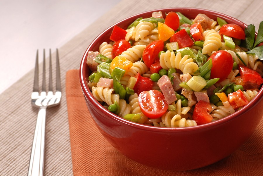 Bowl Of Pasta Salad In A Red Bowl